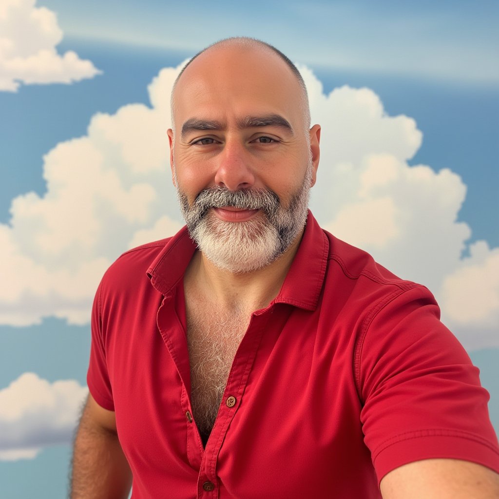 cloud,manly,portrait,solo,swim briefs,wrinkled skin,red shirt,1boy,EURPCarp,solo,bald,beard,t-shirt,