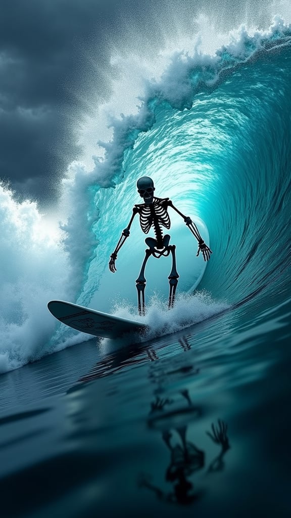 Skeleton on a surfboard in a funnel wave, Dark, lightning, stormy sea, abstract, 3d render, strong, insanely intricate details, Epic, Marbled effect, (masterpiece), (view from below), natures art work, UHD, Painstaking Attention To Details, Skeleton on a surfboard