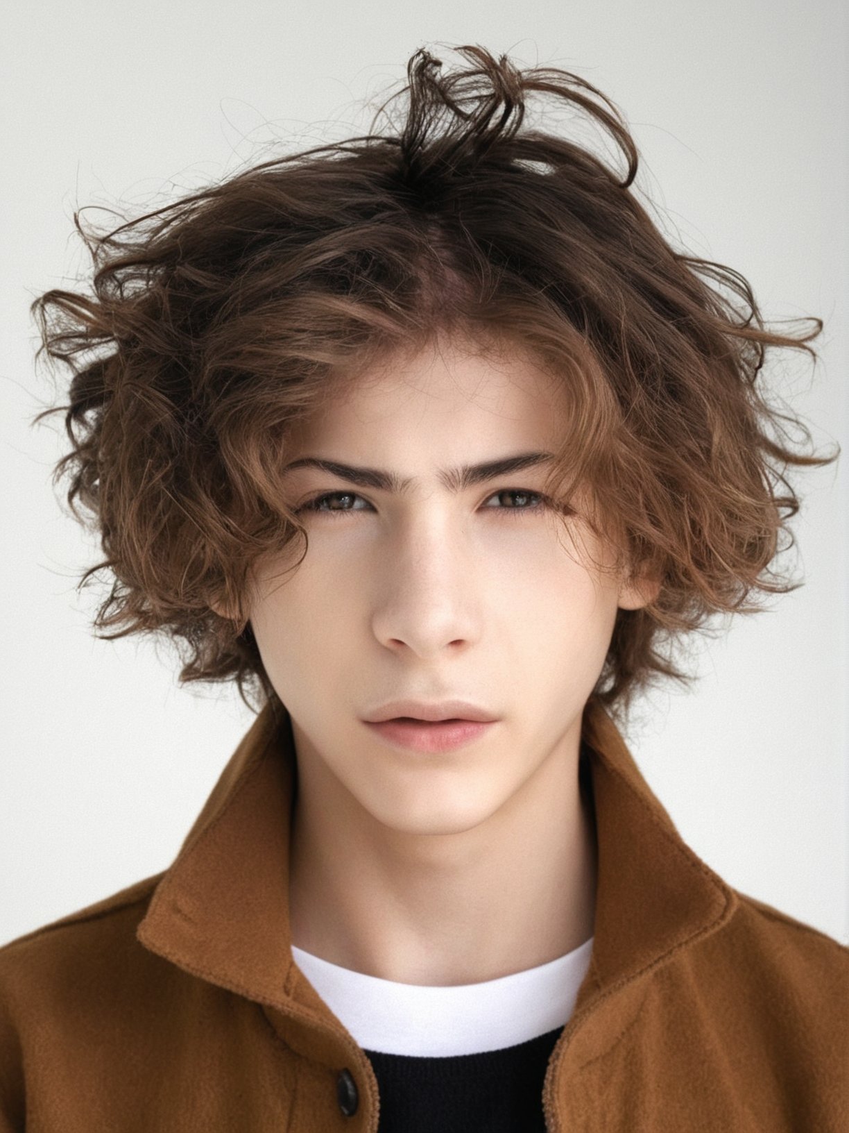 <lora:JT(jac1tre):1> (jac1tre), (youngjac1tre), 1boy, a young teen boy with a brown suede sweater, black shirt, white back ground, sexiest boy alive, sexy, teenager, full lips, detailed face, professional photo, portrait, messy hair, upperbody shot