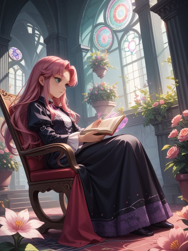 score_9, score_8_up, score_8,Solo, 2.5d, highly detailed, intricate, beautiful aesthetic, anime artwork,vibrant, extreme contrast, raytracing, dark colors, edgy, gothic,magic circle, magic array,starfire, teantitans, reddish pink hair, long hair, purple long dress with golden details, rocking chair, reading a book, flower garden, falling flowers,expressive,