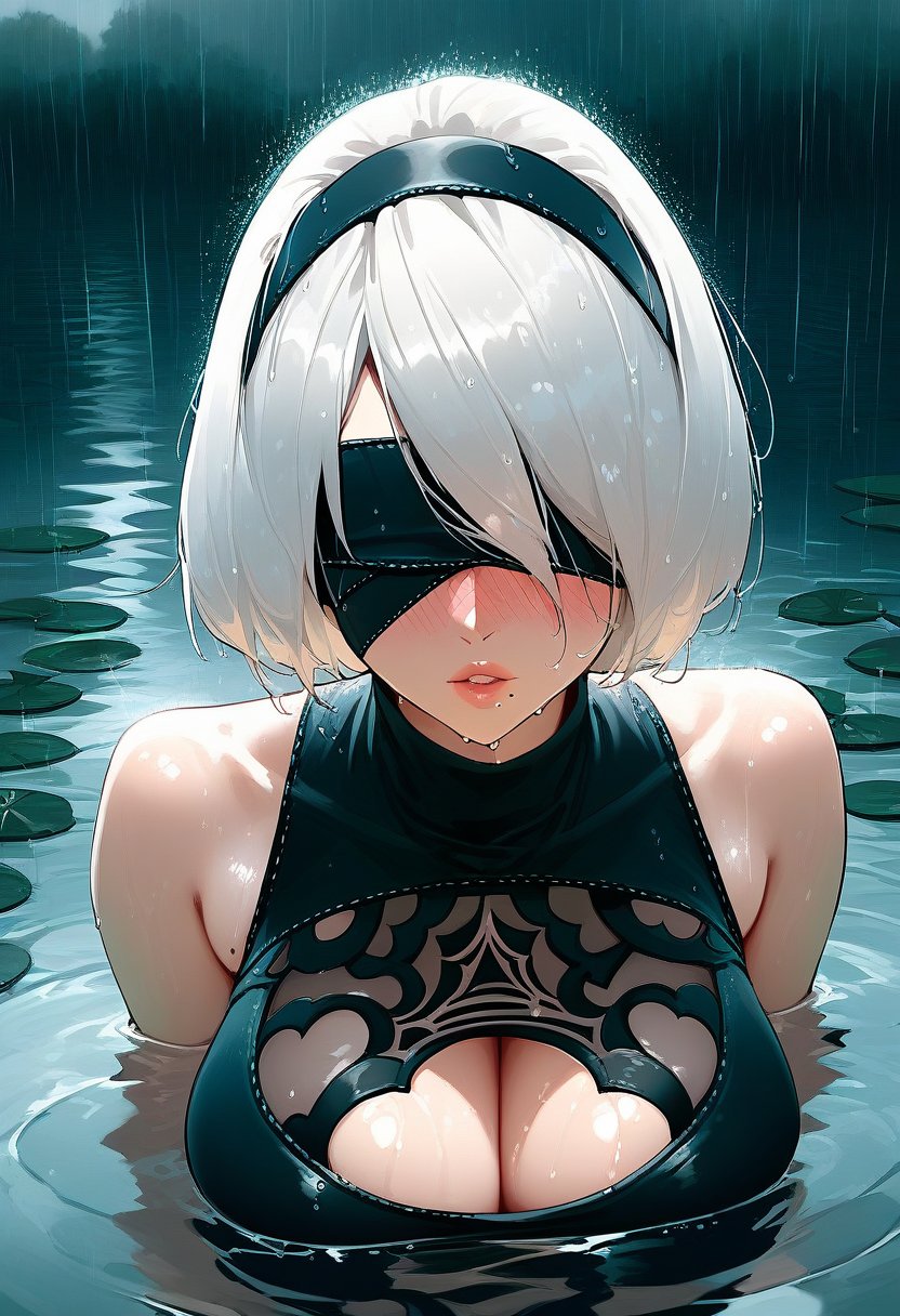 score_9, score_8_up, score_7_up, score_6_up, source_anime, <lora:AIU 0.6v:1>, AIU, 1girl, yorha no. 2 type b, solo, blindfold, black blindfold, rain, wet, mole under mouth, white hair, mole, short hair, water, hairband, bare shoulders, upper body, breasts, lips, dress, partially submerged, black dress, turtleneck, wet hair, covered eyes, black hairband, huge breasts, clothing cutout, parted lips, sleeveless, wet clothes, cleavage cutout, outdoors, collarbone, nose, bangs, transparent water, reflection, full-face blush, heavy breathing, steam, 