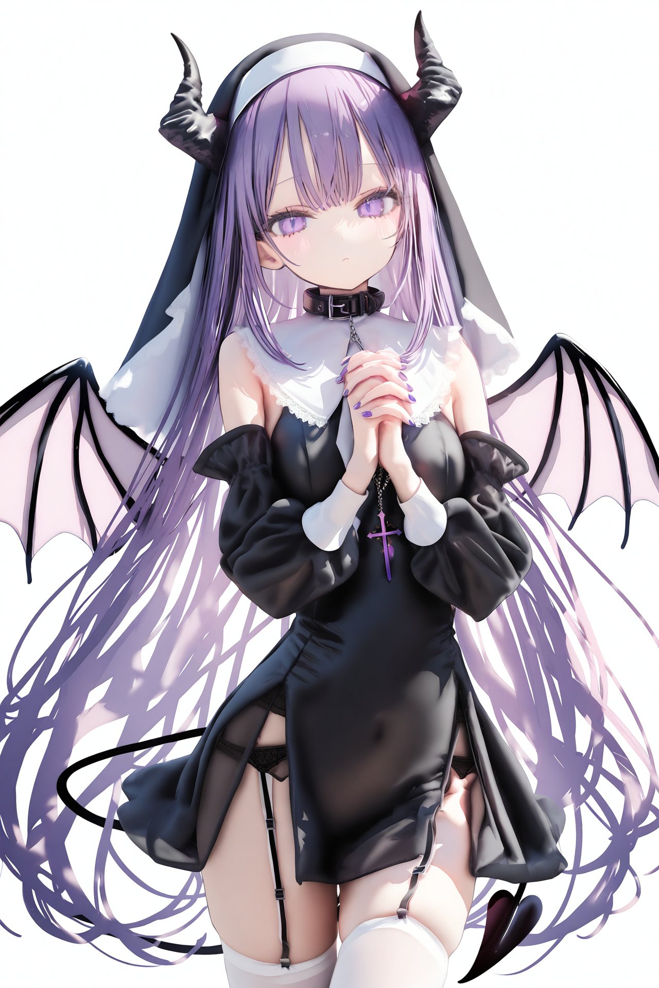 (masterpiece),(best quality),loli,Artist\:jima,1girl,solo,thighhighs,tail,horns,purple eyes,long hair,demon tail,white background,collar,own hands together,white thighhighs,simple background,demon horns,purple hair,purple nails,demon girl,black dress,nail polish,detached sleeves,garter belt,looking at viewer,long sleeves,dress,interlocked fingers,very long hair,own hands clasped,boots,black collar,nun,cowboy shot,closed mouth,standing,breasts,wings,