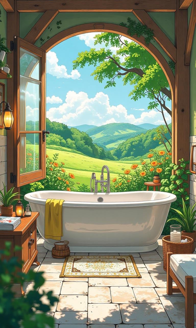 landscape of a Cottagecore bath,  Illustration style by MacrossManiac on Tensor.Art