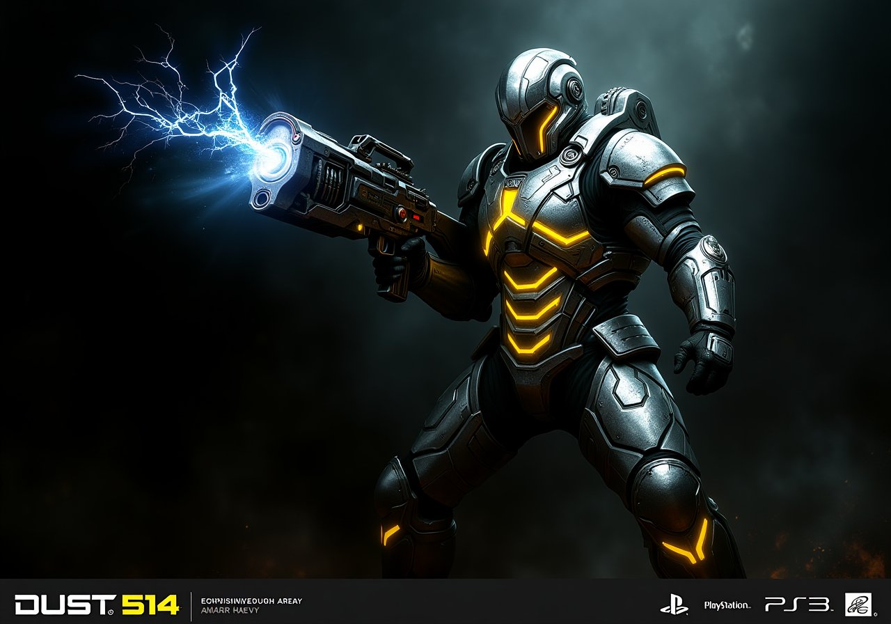 FuturisticWarrior style,,This image portrays amarr haevy, heavily armored in a high-tech, metallic exosuit. The armor is more bulky and robust, with intricate layers of plating in a silver and gray color scheme, accented by glowing yellow lines that give the suit a powerful, advanced look. The soldier's helmet is large and features a visor, adding to their intimidating presence. They are wielding an oversized, forge gun, with visible energy crackling near its muzzle, indicating it may be some kind of advanced energy. The overall scene is dark and gritty, with the background mostly obscured, adding a mysterious atmosphere. The amarr haevy's stance is firm, with both hands gripping the weapon as if preparing for combat. The "DUST 514" and PlayStation 3 logos at the bottom suggest this is part of a promotional image for the game.