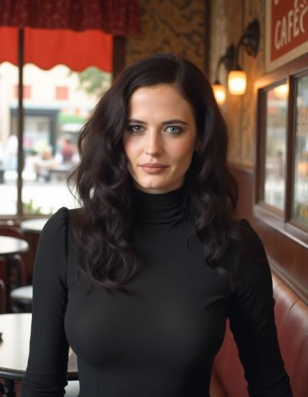 <lora:Eva_Green:1>  beautiful detailed photograph,  wavy black hair styled in classic Hollywood waves., wearing a turtleneck form fitting dress, standing in cafe looking at the viewer