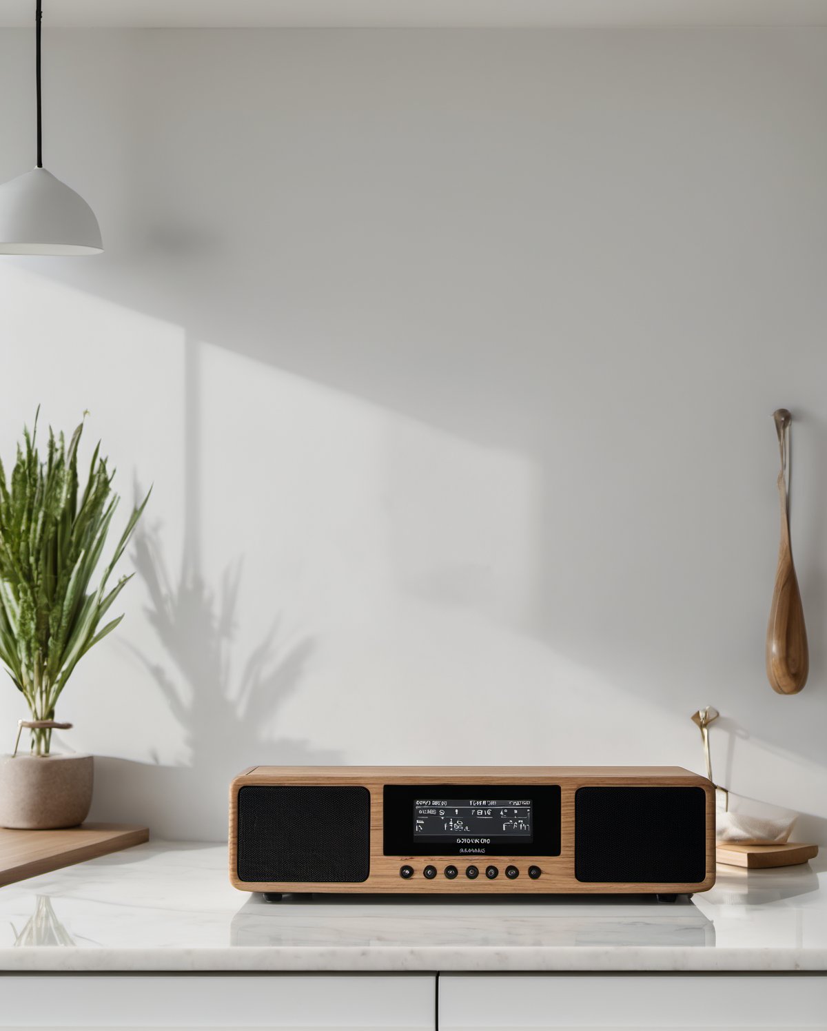 A photorealistic clear image of a sleek (Sangean radio:1.4) precisely (measuring 326 x 108 x 223.5 mm (12.83 x 4.25 x 8.8 in):1.2). The radio is a modern Bluetooth device with a ( light wooden grain finish on the top and sides:1.2), giving it a refined, classic look. (The front panel is black, with a digital display in the center that shows information such as the time and radio station:1.3). (Below the display, there are multiple tactile buttons arranged neatly, offering various controls for settings like tuning, volume, and preset radio stations:1.2). The radio is ( subtle rectangular in shape with (two square speakers on each side:1.3), and the control buttons and display are in the center:1.3), placed on the corner of a kitchen wall countertop. (Full Natural light:1.3 ) pours in from a nearby window, softly illuminating the radio and casting shadows on the countertop. The kitchen is modern with clean white cabinets, a marble countertop, and minimalist decor. The overall scene feels calm and organized, with the radio as the central focus, and the natural light enhancing its sleek, classic design,Radio,Brown wooden mini radio,Bluetooth radio  <lora:RADIO_BT-000002:0.4>