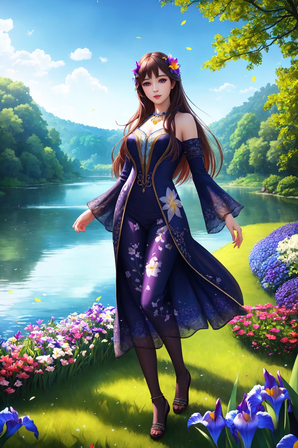 (Solo:1.2), (full body), (ultra realistic:1.2), (hyper realistic:1.2) woman by the lake, happy, detailed eyes, detailed eyes, detailed iris, flower garden, detailed flowers, Leafs, vibrant colors, colorful art style, soft lighting, soft shadows, detailed textures, dynamic lighting,  