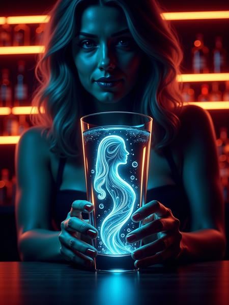 mad-sprklngtr,  woman sitting in a bar holding a glass filled water and swirling bubbles in the shape of a woman by Andark...