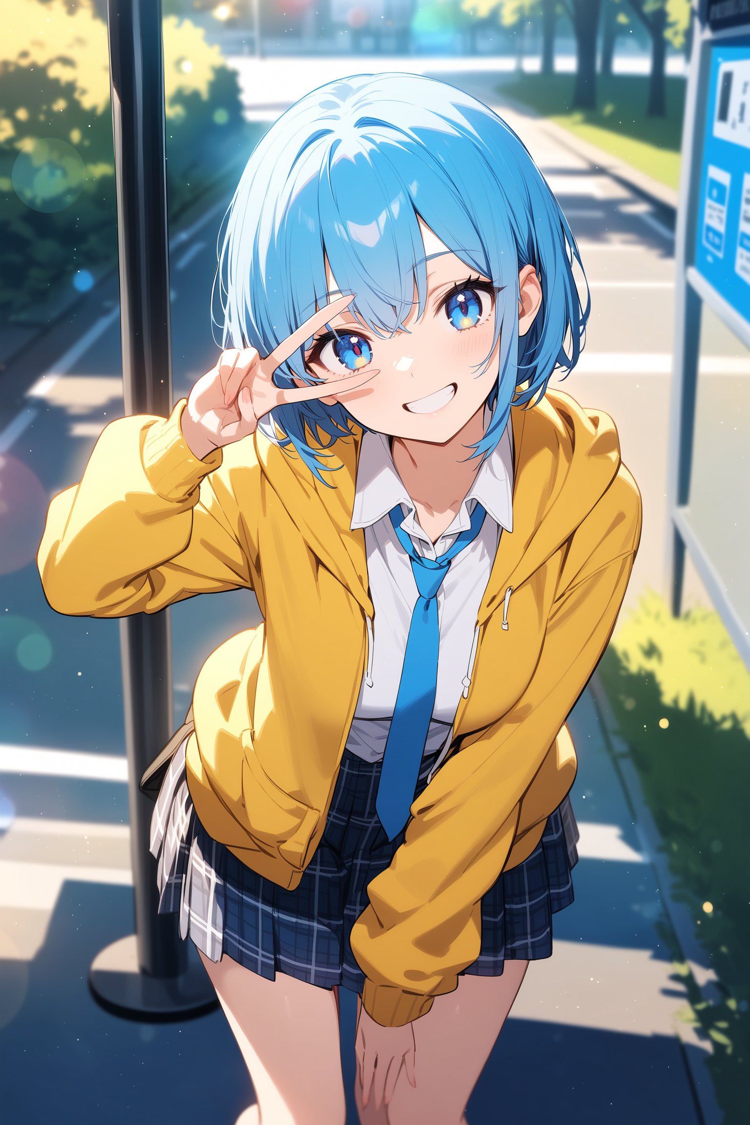 solo,cute 1girl,blue hair,very short hair,blue eyes,collared shirt,(yellow fleece jacket),Blue tie,plaid skirt,grin,leaning forward,looking at viewer,cowboy shot,teenage,from above,v over eye,head tilt,bus stop,blurry,(depth of field:1.1),lens flare,(Ephemeral Glow),light particles,scenery,