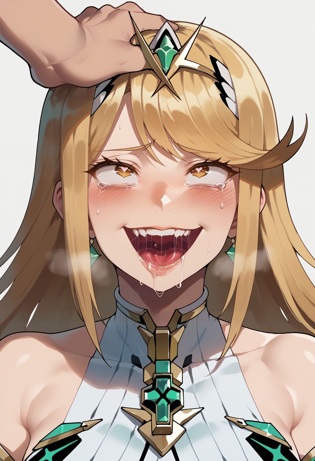 score_9,score_8_up,score_7_up, <lora:nyantcha_style_pdxl_v2_goofy:1> 1girl, mythra (xenoblade), blonde hair, ahegao, rolling eyes, long hair, saliva, blush, yellow eyes, heart-shaped pupils, swept bangs, tiara, headpiece, drooling, head grab, open mouth, symbol-shaped pupils, hand on another's head, disembodied limb, tears, heavy breathing, smile, uncommon stimulation, 1boy, solo focus, simple background, chest jewel, fucked silly, portrait, bare shoulders, looking up, headpat, gem, hetero, breath, torogao, teeth, tearing up