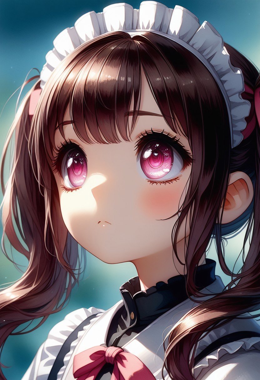 Cute anime maid girl, pigtails, looking up to the camera with big pink eyes,eyesHD, high gradient eyes, detailed eyes, high definition eyes,watercolor painting