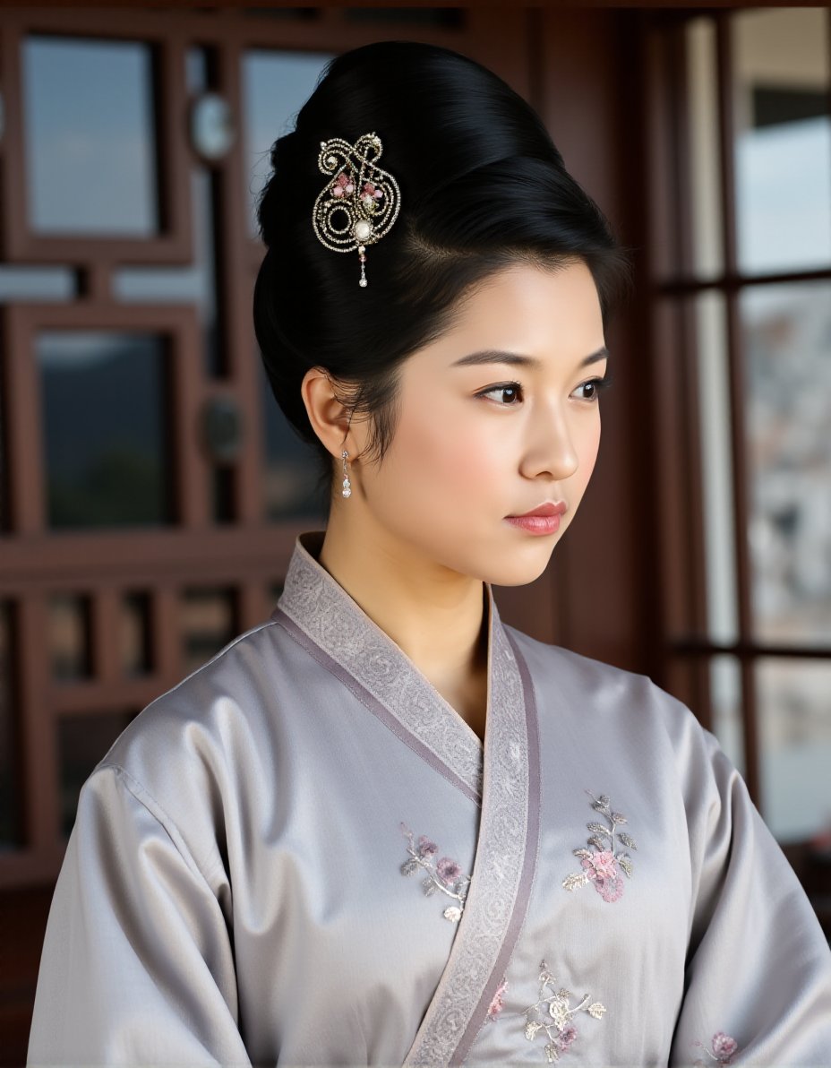 This is a photograph of a young East Asian woman with fair skin and a delicate, blushing,red eyeshadow,oval face. She has a serene expression, with her lips slightly parted and eyes gazing off to the left, possibly in contemplation. Her hair is styled in an elaborate updo, adorned with an ornate, metallic hairpin featuring intricate floral designs, adding a touch of elegance and tradition. She is wearing a light gray traditional Chinese robe with subtle floral embroidery on the chest, indicating a high level of craftsmanship and attention to detail. The robe appears to be made of a soft, silky fabric that drapes smoothly over her shoulders and chest, enhancing her slender figure. She is also wearing a pair of delicate, dangling earrings that add a touch of sophistication. The background features a wooden lattice panel and a blurred, softly lit outdoor scene, suggesting a traditional setting, possibly a historical or cultural site. The overall mood of the image is one of calm and contemplation, with a strong emphasis on traditional East Asian aesthetics and attire.,weixiaojun,  <lora:WeiXiaoJun_Flux_V1:1>