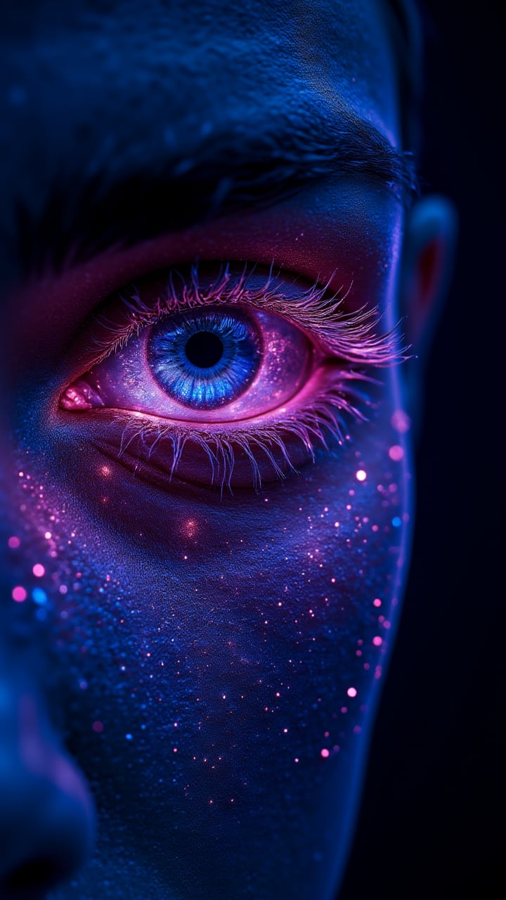 fluorescent make-up, glowing eyes, dust, cinematic film still of a beautiful macro eye close-up, bright eye, photorealistic, 100mm f/2.8 macro lens, glow, glowing (masterpiece, award winning artwork) many details, extreme detailed, full of details     , aidmaglow