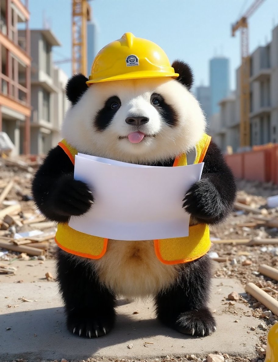 The image is a high-resolution photograph of a charming panda named Huahua, depicted standing on a bustling construction site. Huahua has her distinctive black and white fur, and she is dressed in a bright yellow construction helmet and a reflective safety vest, adding to her professional appearance. The helmet has a small logo on the front, and the vest is detailed with reflective stripes, creating a realistic construction look.Huahua's round, chubby body is covered in thick, soft fur, with black patches around her ears, eyes, and legs. Her expression is one of serious focus and determination, with her brows slightly furrowed and her eyes looking intently at the blueprints she holds in her paws. Her posture is strong and confident, with her legs slightly apart and her head slightly tilted as she examines the plans.The background features a busy construction site with cranes, scaffolding, and partially built structures, adding to the dynamic and industrious atmosphere. Various construction materials and tools are scattered around, creating a sense of activity and progress. The lighting is bright and natural, indicating a sunny day, which casts clear shadows and highlights the details of Huahua’s fur, helmet, and vest.The overall composition of the image focuses on Huahua, making her the primary subject and capturing the unique and whimsical nature of a panda as a dedicated and serious construction site architect, blending her cute appearance with the industrious spirit of building and designing.,huahua, <lora:huahua_panda_Flux_V1-000002:1>