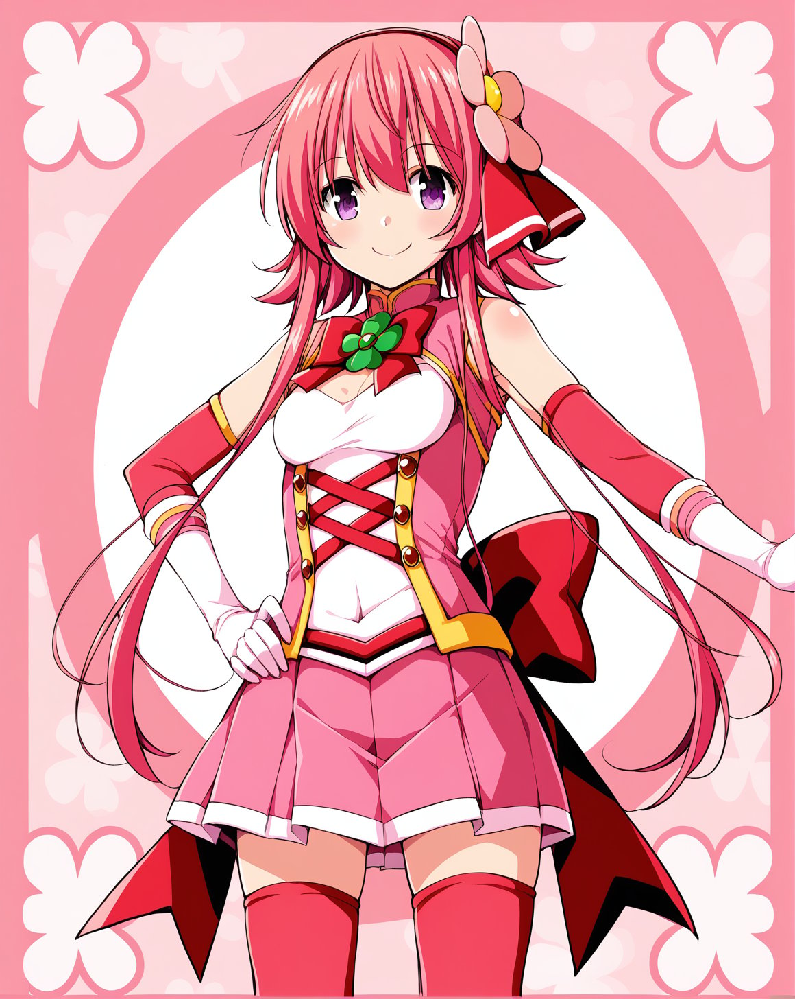 <lora:clover_rose_v1.6>,cloverrose,purple eyes,pink hair,short hair with long locks,magical girl,pink dress,red elbow gloves,red thighhighs,pink hair ornament,white gloves,1girl,solo,BREAKstanding,hand on own hip,smile,confident,four-leaf clover,pink theme,detailed background,, score_9,score_8_up,score_7_up,source_anime,best quality,masterpiece,uncensored,detailed eyes,