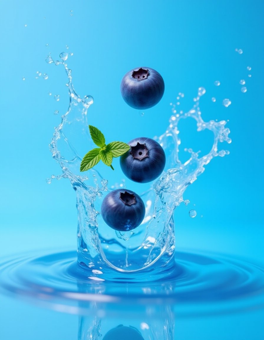 SYminiature photography,SY water splash,the image showcases a dynamic splash of water,with blueberries being the primary subject. the blueberries are captured mid-air,with some droplets of water surrounding them. the water splash is vibrant and clear,with droplets dispersing in all directions. the background is a gradient of blue,transitioning from a deeper shade at the bottom to a lighter hue at the top. there's also a hint of a mint leaf,possibly a mint sprig,placed amidst the blueberries. the overall ambiance of the image is fresh and refreshing,emphasizing the natural beauty of the blueberries.,