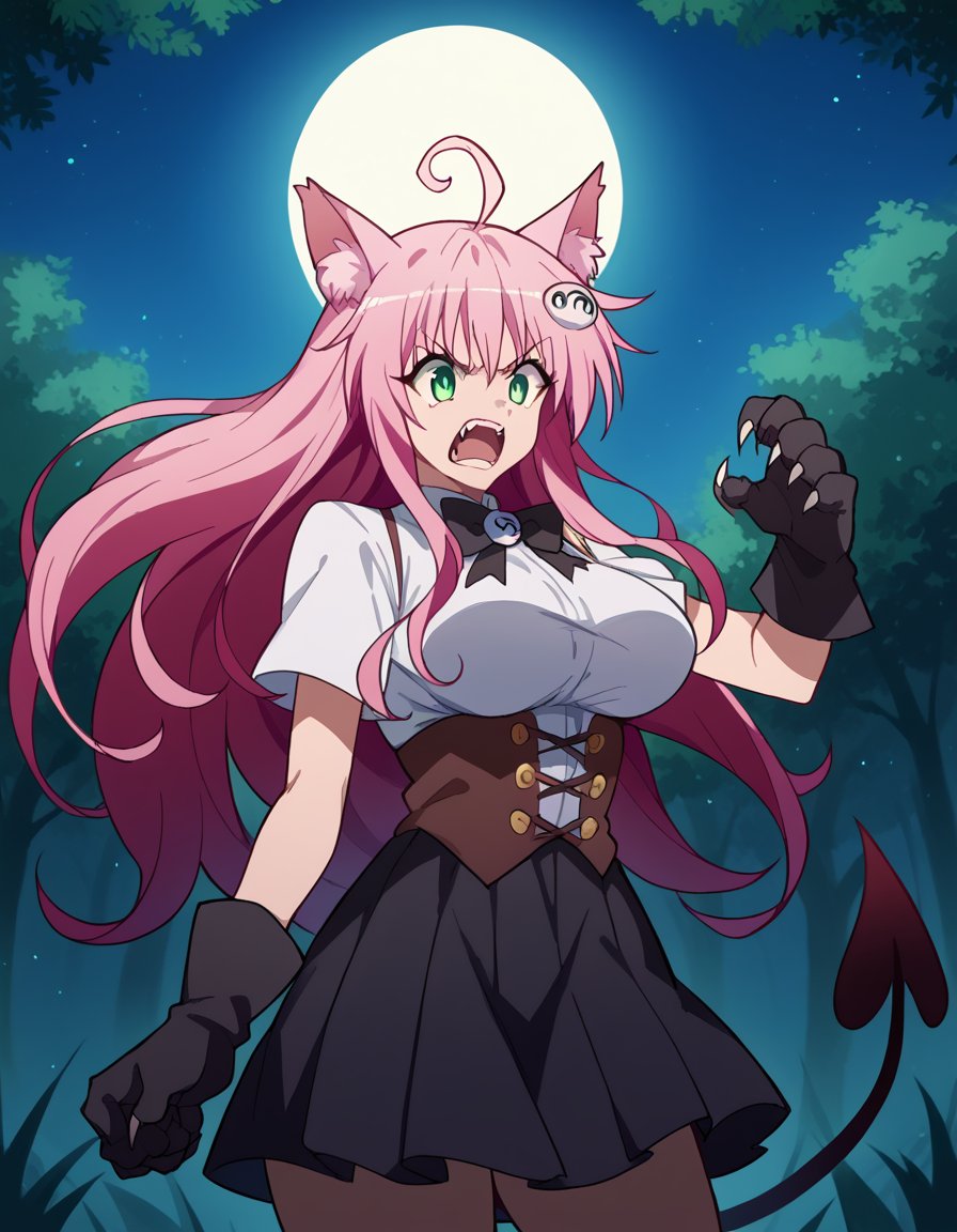 score_9, score_8_up, score_7_up, source_anime, <lora:lala-deviluke-darkness-ponyxl-lora-nochekaiser:1>, lala deviluke, long hair, pink hair, tail, ahoge, bangs, hair ornament, green eyes, demon tail, large breasts, <lora:werewolf-ponyxl-lora-nochekaiser:1>, werewolf, furry, fangs, animal ears, gloves, angry, teeth, animal ear fluff,, forest, night, moon, open mouth,, cowboy shot