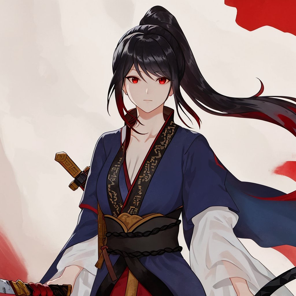 weapon, blood, red eyes, hair ornament, hakama skirt, blood on clothes, kimono, dress, shiny hair, collarbone, holding sword, bangs, hanfu, blue eyes, floating hair, blue hair, long sleeves, ponytail, chinese clothes, japanese clothes, wide sleeves, very long hair, holding weapon, sword<lora:萧云:0.8>