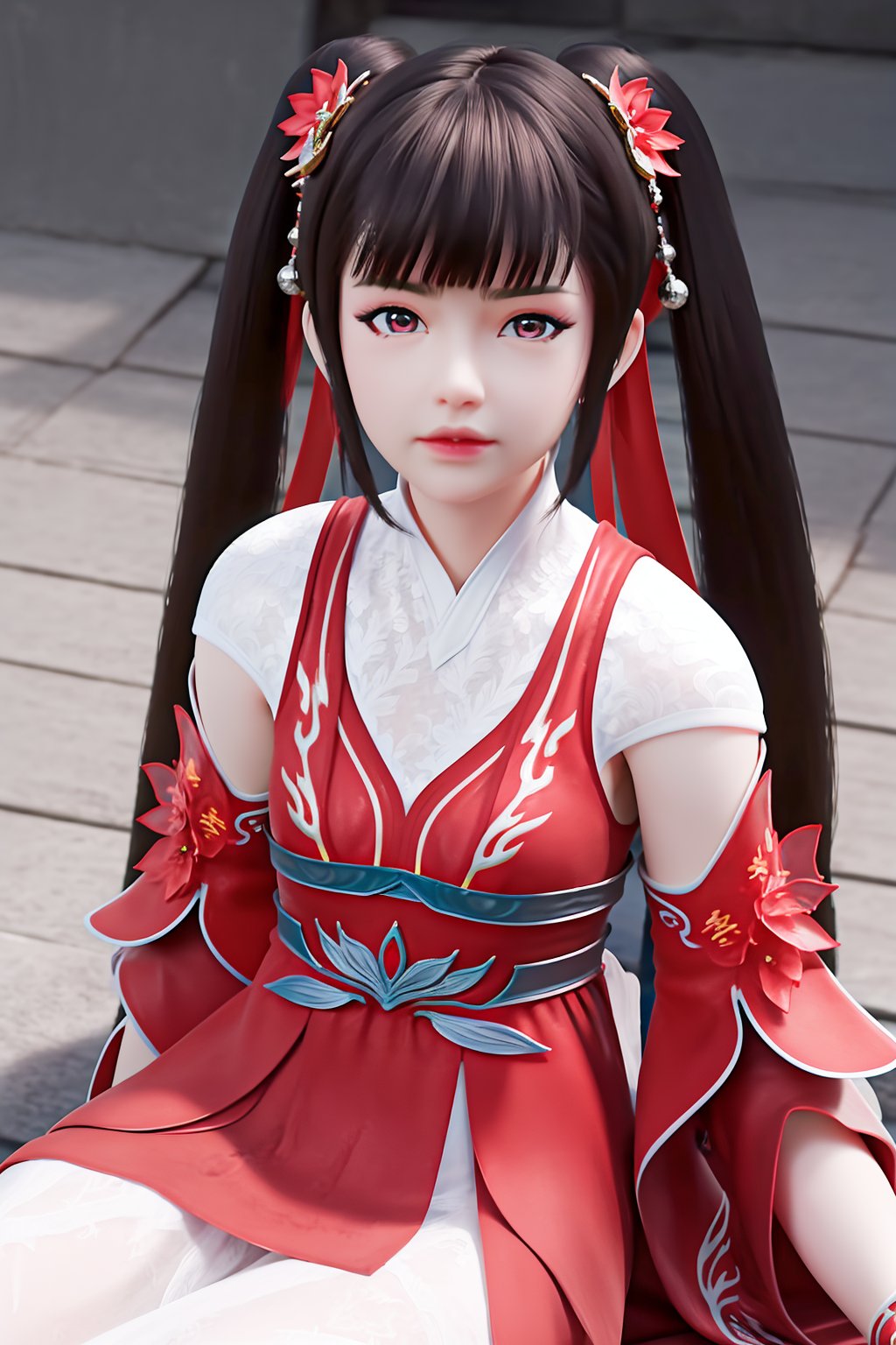 (best quality,masterpiece,crystalstexture skin,shiny skin:1.2),ultra detailed,8k,RAW photo,realistic,photorealistic,ultra-detailed,intricate detail,extremely detailed,delicate pattern,4K,looking at viewer,<lora:C_完美世界_火灵儿_m_MAY:0.7>,1girl,solo,twintails,long hair,brown hair,hair ornament,bangs,ribbon,chinese clothes,hair flower,bracelet,bare shoulders,detached sleeves,dress,sash,standing,sitting,