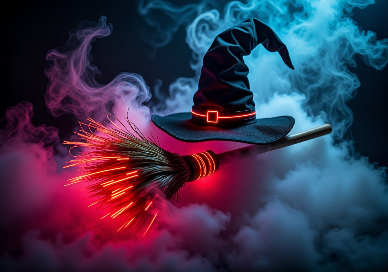 cyberpunk_halloween, A neon light cyberpunk broom glowing with bright neon lights, floating through the mist. The broom’s glowing outline adds a spooky, high-tech touch to the scene, digital background with fog, witch's hat on top of the broom