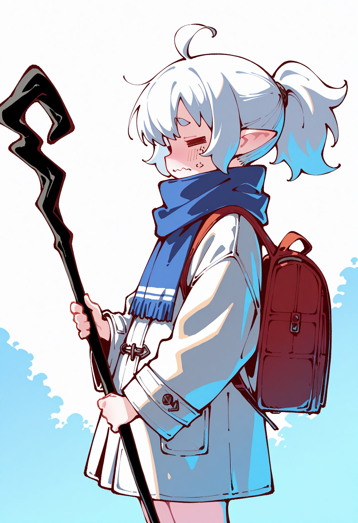 gyari_\(imagesdawn\),orenji \(wholesomeorenji\),1girl, solo, long_hair, bangs, long_sleeves, white_background, closed_mouth, standing, closed_eyes, ponytail, ahoge, white_hair, grey_hair, cowboy_shot, pointy_ears, bag, scarf, from_side, coat, wavy_mouth, backpack, staff, elf, =_=, shoulder_bag, short_eyebrows, holding_staff, white_coat, blue_scarf, grey_coat best quality, amazing quality, very aesthetic, absurdres