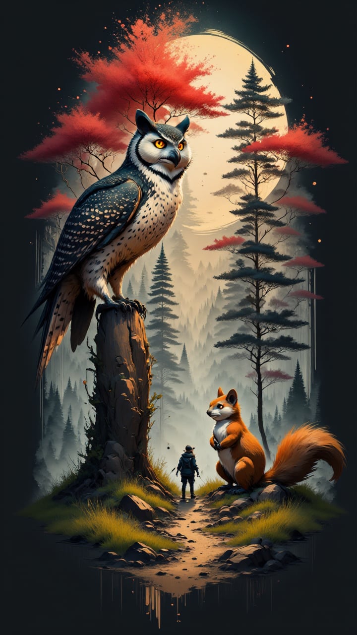 futuristic style, A group of anthropomorphic animals, including a wise old owl and a determined squirrel, gather around a large tree in the middle of a serene forest. The sun is setting, in focus, sleek, modern, ultramodern, high tech, detailed, aidmainkstyle