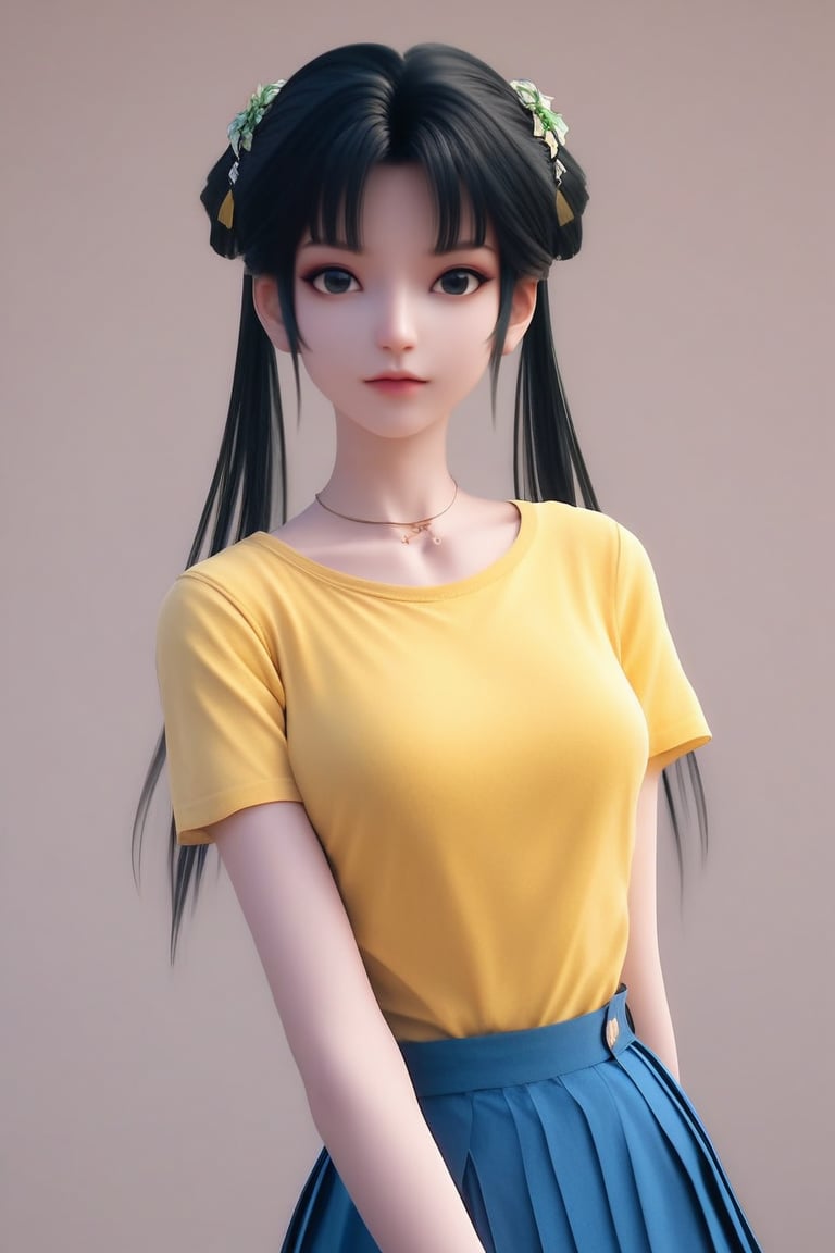 looking at viewer,<lora:biyao:0.9>,black hair,hair ornament,twintails,yellow casual T-shirts,blue skirt,pleated_skirt,, score_9, score_8_up, score_7_up,best quality, masterpiece, ultra-detailed, absurdres,1girl,