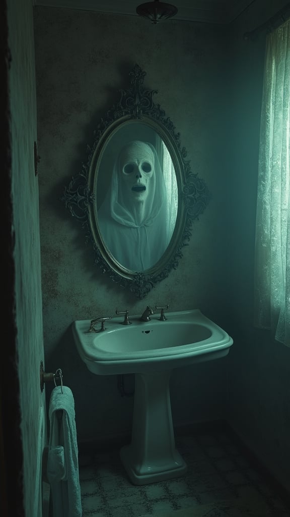 (Best quality), (Fantastic and intricate details), Ghostly face coming out of the mirror, sinister and somewhat eerie bathroom, with pale lighting, perfectly focused and sharp, fear in the environment, UHD 8k, perfect HDR, cinematic lighting