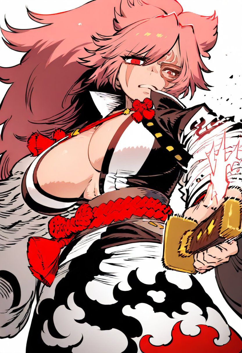 <lora:SSAMBAteaXL_il_lokr_V53P1:0.95> 1girl, breasts, baiken, amputee, japanese clothes, large breasts, solo, weapon, sword, scar, pink hair, scar across eye, scar on face, long hair, ponytail, kimono, cleavage, big hair, open clothes, multicolored kimono, katana, white background, jacket, black jacket, sash, tattoo, red eyes, facial tattoo, open kimono, black kimono, one-eyed