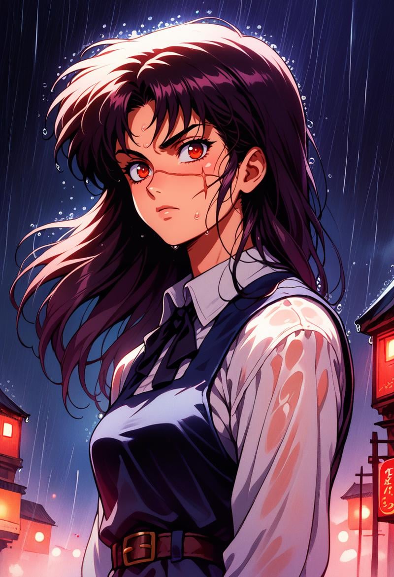 score_9, score_9_up, score_8_up, Expressiveh, raw, gorgeous, pixiv, highres, highly detailed,  wet, rain, night, soft expression, neogeo, saturated, high contrast, halftone effect, sharp outlines, cel shading, Vintage, 1990s \(style\) <lora:RetroAnimeRedux:0.8>, Yoru, scar on face, red eyes, black hair, long hair, black pinafore dress, dark, <lora:Yoruv4:1>