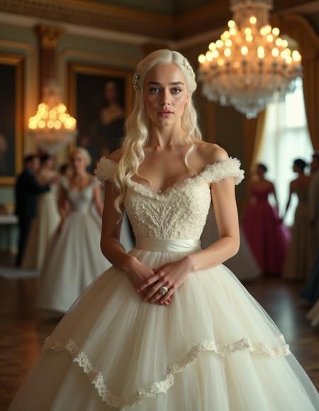 <lora:GOTemiliaClarkeQuiron_FLUX:1.7> GOTemiliaclarkeQuiron, a woman with white hair, Emilia clarke as Daenerys targaryen in hbo's 'game of thrones',   A woman, In the grand ballroom of a historic estate, with crystal chandeliers and elegant waltzers, a cinematic photo captures a moment of timeless romance. Full body shot focus, Photorealistic portrait in breathtaking detail, photo scanned at ultra-high resolution, inspired by Helmut Newton and Peter Lindbergh. Soft, glowing light, opulent ballroom backdrop, an expression of dreamy nostalgia, delicate pink lips, hair styled in an elegant updo with pearls woven through, wearing a vintage-inspired ball gown with layers of tulle, a satin sash, and classic ballet flats, epitomizing romantic elegance. 35mm photograph, film, bokeh, professional, 4k, highly detailed, deep rich, 