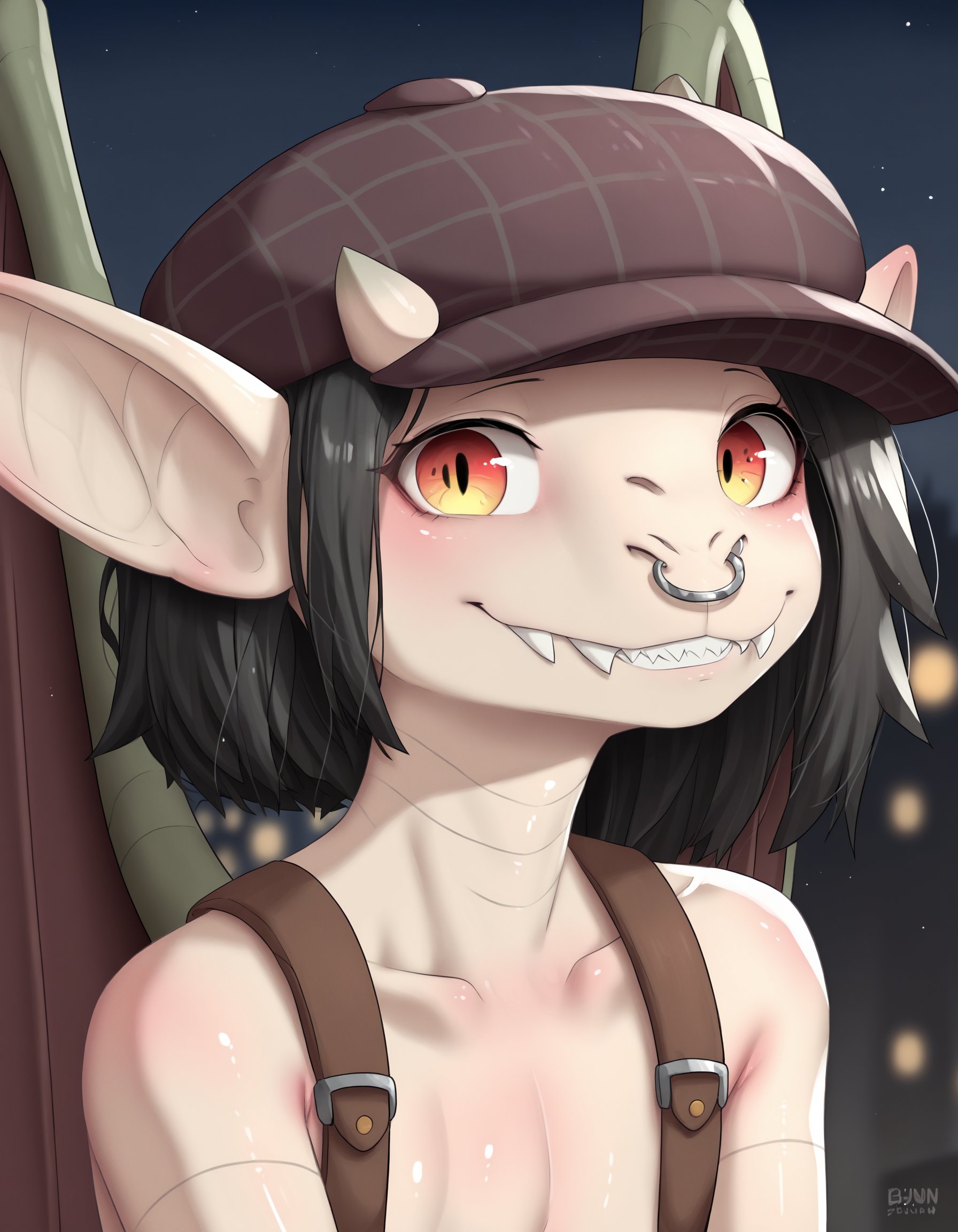 score_9, score_8_up, score_7_up, score_6_up, score_5_up, score_4_up, source_furry, source_safe, umn, ivy \(deadlock\), deadlock, valve, gargoyle, 4 fingers, anthro, big ears, black hair, clothed, facial piercing, fangs, female, fingers, hair, hat, headgear, headwear, horn, long ears, looking at viewer, nose piercing, nose ring, piercing, ring piercing, septum piercing, septum ring, sharp teeth, smile, solo, teeth, wings, detailed background, outside, city, night, dark background, detailed background, new york, tan body, (headshot portrait, portrait, close-up, face closeup:1.3), suspenders <lora:ivy-deadlock-v2_pdxl:1>