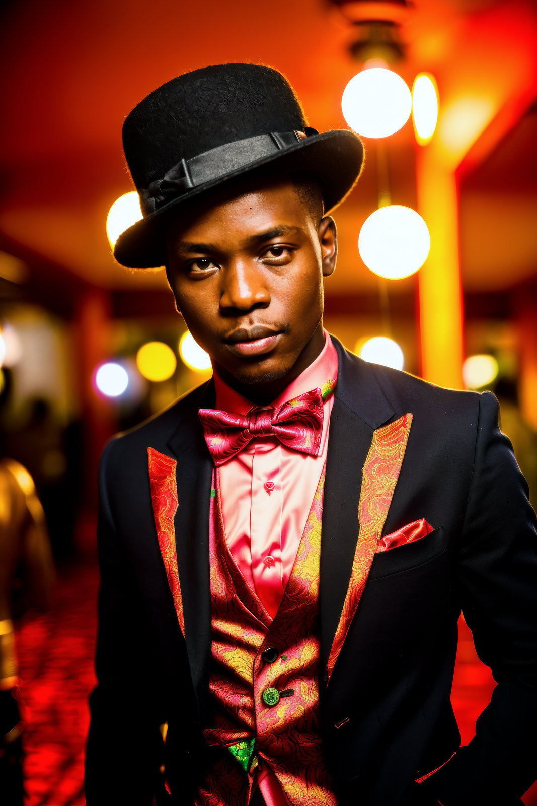 stunning natural post-apocalyptic neon color raw portrait, (sfw) senegalese 1boy, as a pompous dancer, (brocade shirt, pants, bow tie, bowler hat:1.2), indoors in a steamy (red night club, dark and moody, red mood lighting, red color tint, dark reddish shadows, orange highlights, crimson hues), post-apocalyptic scene with electrical attr, neon color raw photo, epic character composition, sharp focus, subsurface scattering, f2, 35mm, film grain