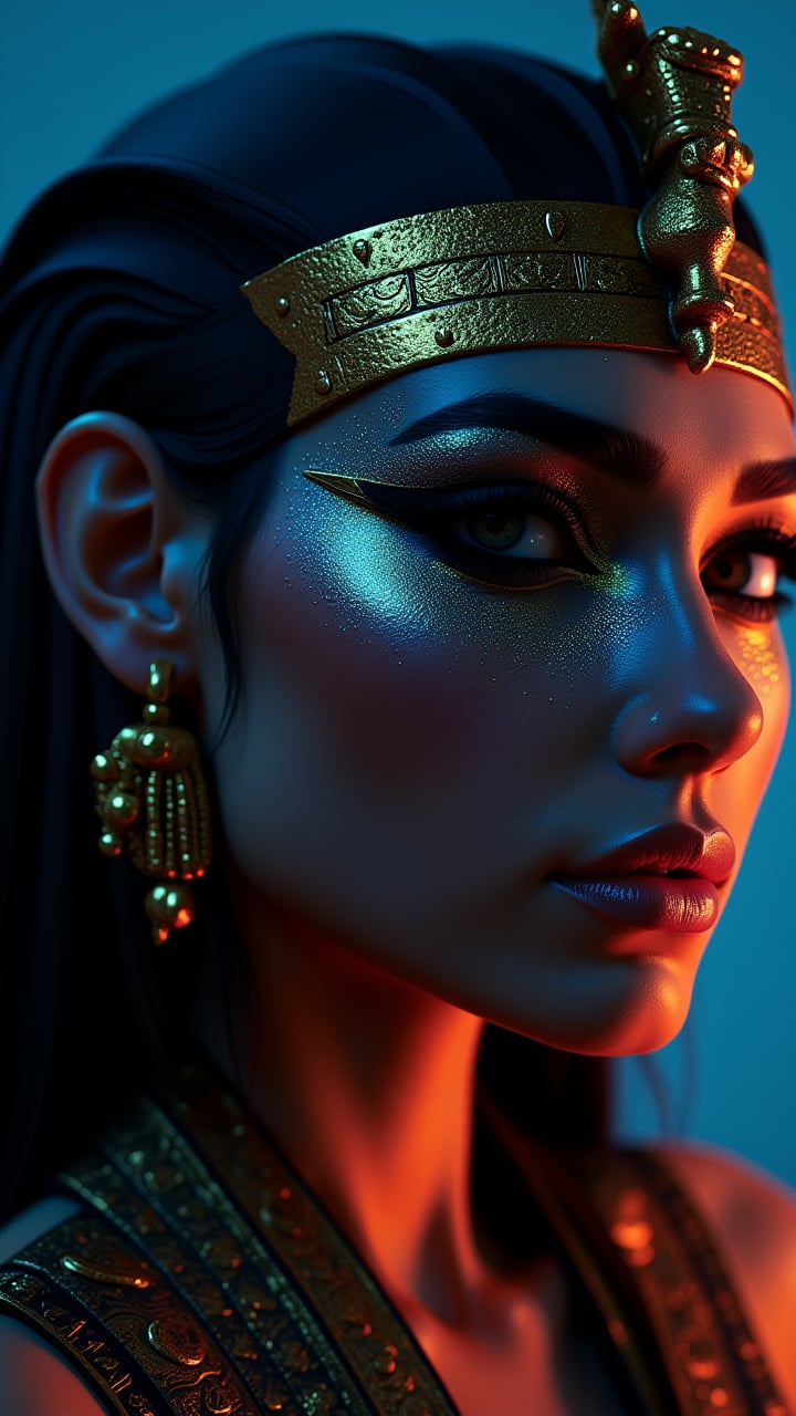 portrait, close up of a In this surreal portrait, the ancient Egyptians have come to life, their enigmatic features transformed into modern-day cyberpunk style. The scene is set against a backdrop of white neon highlights, Lustful, aidmaimageupgrader