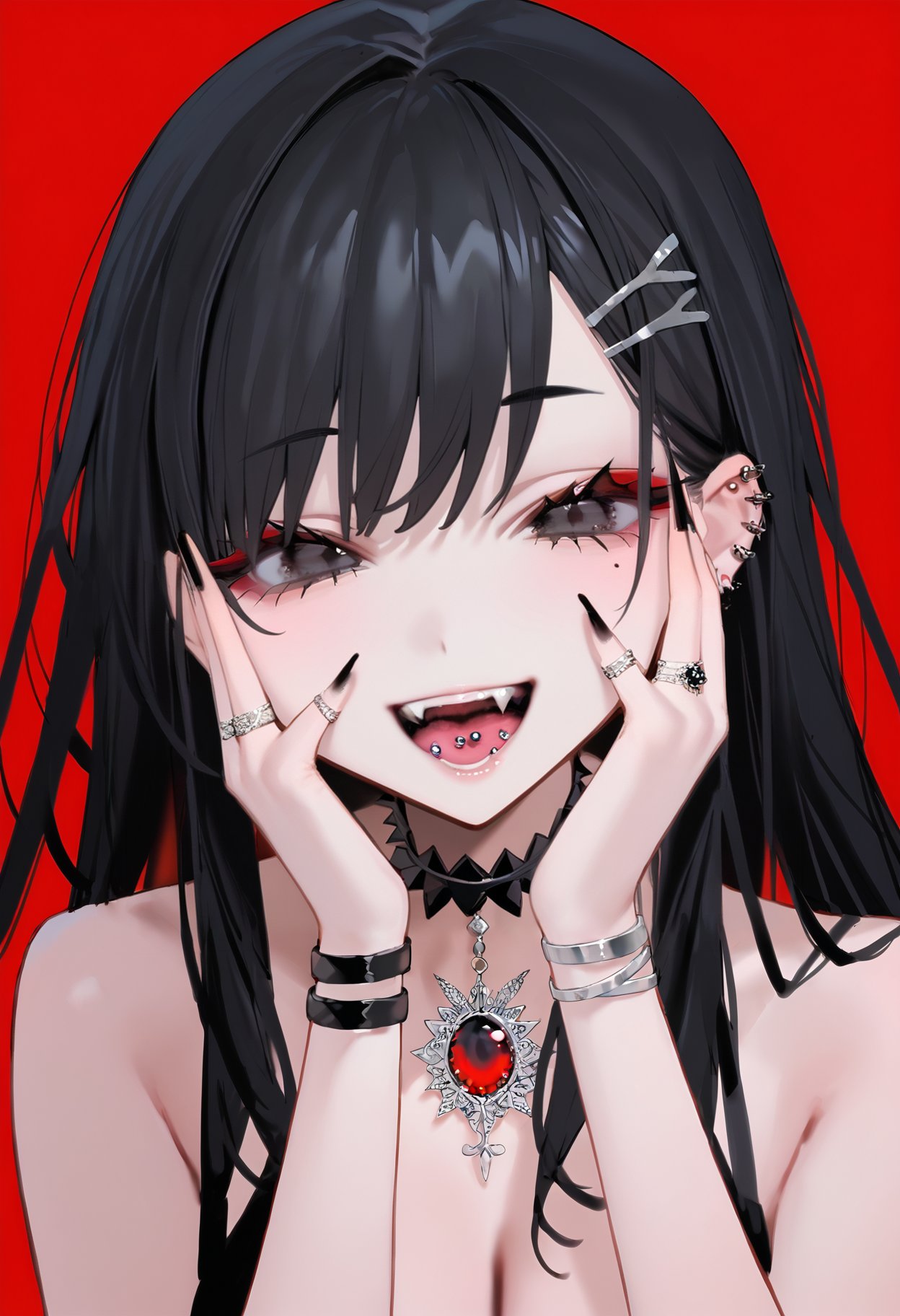 score_9, score_8_up, score_7_up, best quality, source_anime BREAK, BEBEstyle, 1girl, red background, ring, black hair, tongue piercing, jewelry, black nails, hair ornament, open mouth, portrait, multiple rings, fangs, looking at viewer, ear piercing, black eyes, mole under eye, long hair, hands on own face, simple background, nail polish, teeth, smile, nail art, hands on own cheeks, choker, hairclip, fingernails, <lora:BeBe:1>