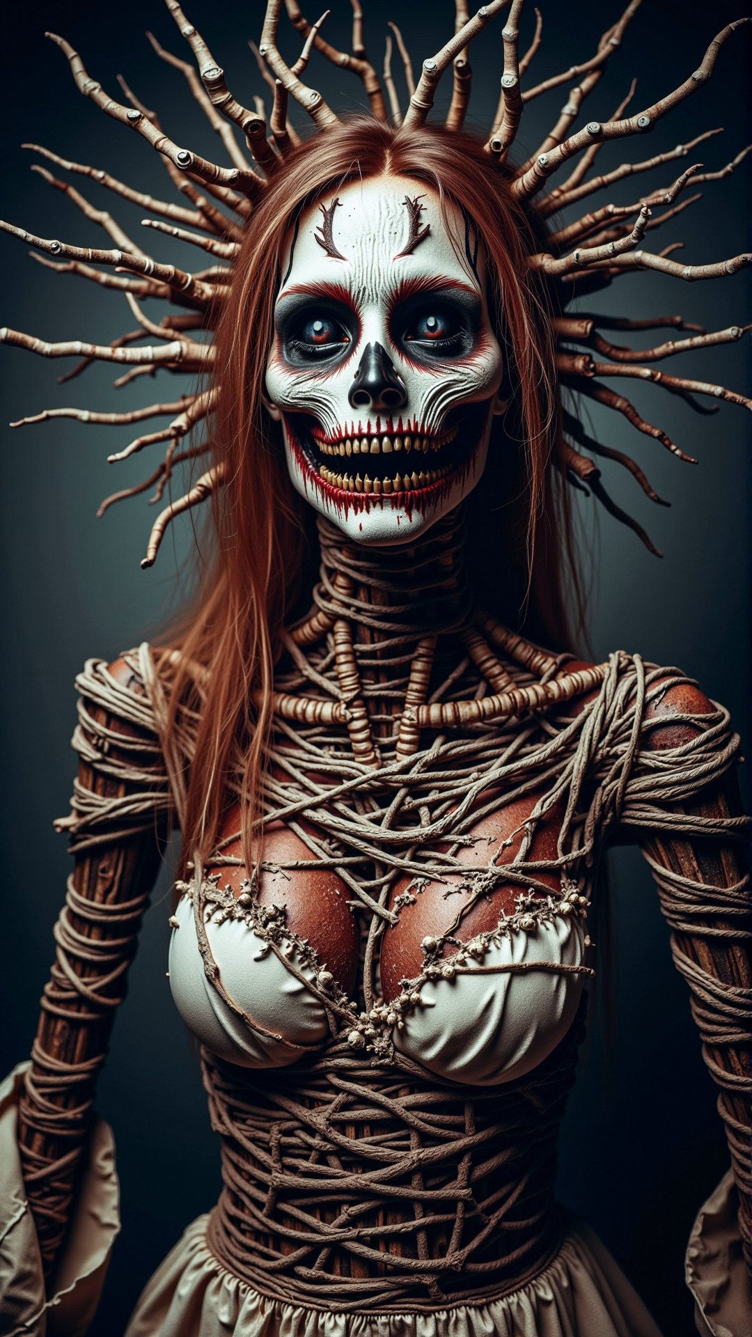 a photorealistic dark horror bloody scary concept art of a scary female scarecrow made of twigs metal bars and old clothes <lora:DarkmosphericFlux:0.65> professional studio photography