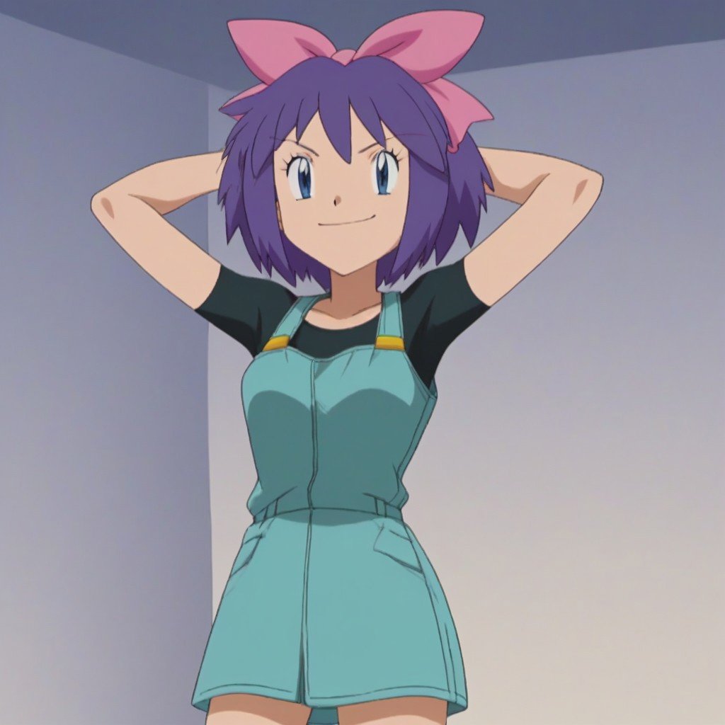 Score_9_up, Score_8_up, Score_7_up, easynegative, ng_deepnegative_v1_75t, anime coloringhands behind head, smirk, 1girl, indoorsKelly_Hoenn_(Pokemon), short hair, purple hair, pink bow, hair ribbon, blue eyes, overall skirt, shirt