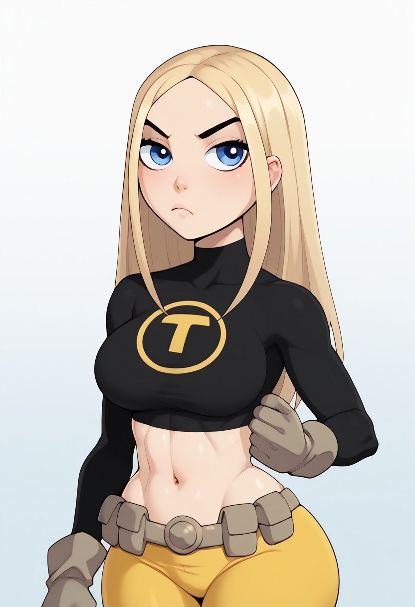 score_9, score_8_up, score_7_up, deep skin, shiny skin, skindentation, source_anime, high quality, highres, (curvy), ((((wide hips)))),, thick thighs, cute, , sexy, huge breasts, TerraTT, TerraSDXL, 1girl, blonde hair, long hair, blue eyes, forehead, parted bangs, black shirt, long sleeves, turtleneck, midriff, navel, yellow shorts, biker shorts, brown belt, crop top, brown gloves, skintight shirt, solo, Pout