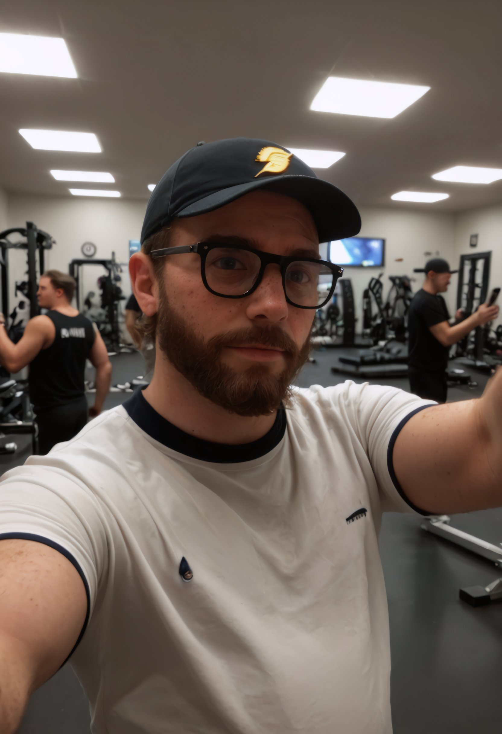 score_9, score_8_up, score_7_up, Amateur selfie photo of a man, beard, hat, rare angle selfie, gym, motion blur, freckles, glasses, nerd, alternative, wearing form clothes, jpg, grainy, blurry, flat light , haze, blur , out of focus, slow shutter, high ISO, amateur, flash, lowres, webcam photo, nostalgia, film grain, Nokia 3310 in 1998 , <lora:zy_AmateurStyle_v2:0.6>