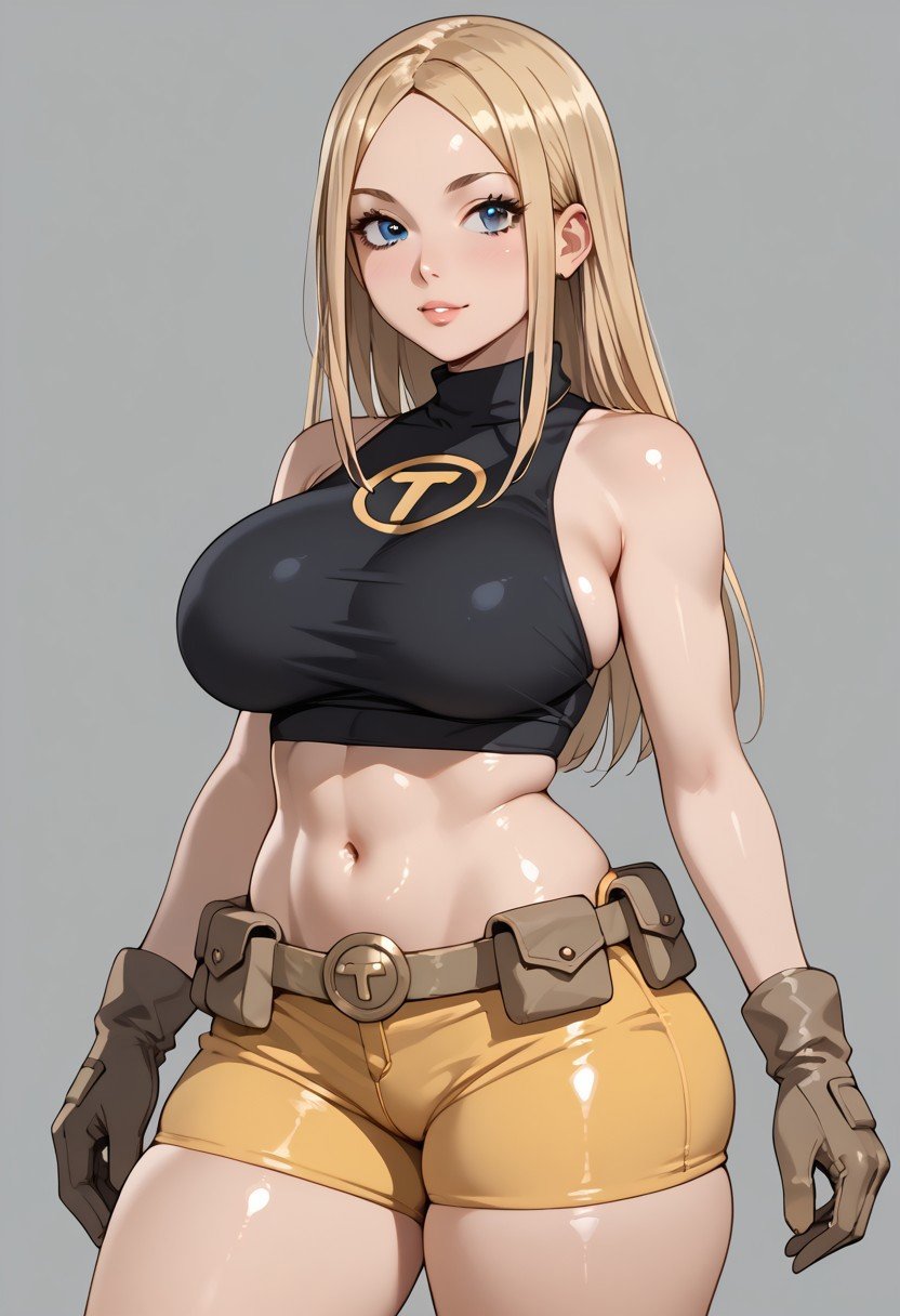 score_9, score_8_up, score_7_up, deep skin, shiny skin, skindentation, source_anime, high quality, highres, (curvy), ((((wide hips)))),, thick thighs, cute, , sexy, huge breasts, TerraTT, TerraSDXL, 1girl, blonde hair, long hair, blue eyes, forehead, parted bangs, black shirt, sleeveless, sideboob, turtleneck, midriff, navel, yellow shorts, biker shorts, brown belt, brown gloves, skintight shirt, solo,