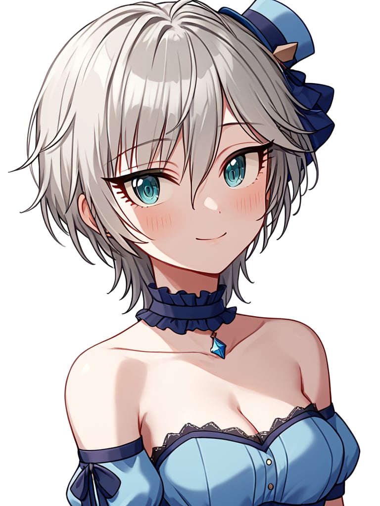 score_9,score_8_up,score_7_up, <lora:idolmaster_cinderella_all:1>，1girl, anastasia (idolmaster), aqua eyes, bare shoulders, blue choker, blue dress, blue hat, blush, cleavage, collarbone, detached sleeves, frilled choker, grey hair, hair between eyes, halter dress, lace-trimmed dress, looking at viewer, medium breasts, mini hat, pendant, short hair, simple background, smile, solo, upper body, white background