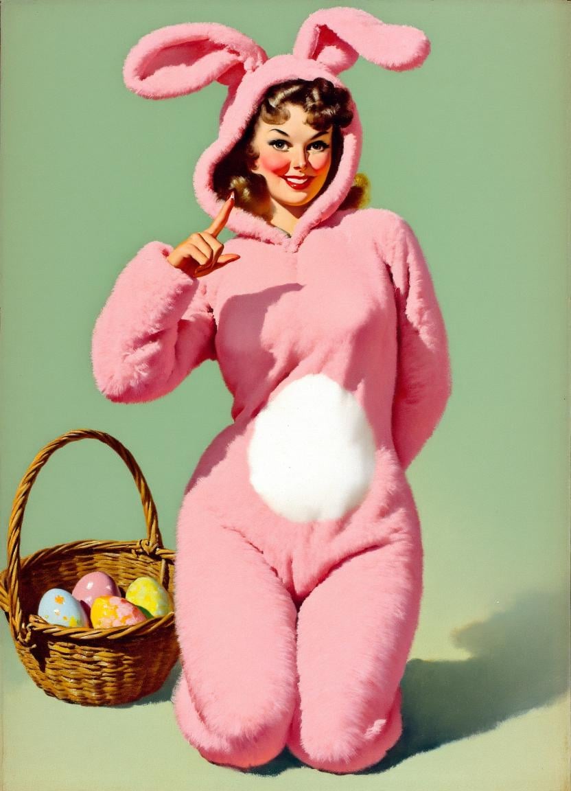 A realistic,  high-resolution image by Gil Elvgren. The central figure is woman in a full body bunny suit. The bunny suit...