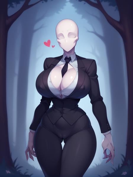 score_9, score_8_up, score_7_up, rating_safe, zPDXL2, zPDXLxxx, zPDXL3, source_anime,  <lora:Slendergirl:1>, 1girl, solo, breasts, shirt, large breasts, long sleeves, cleavage, standing, jacket, white shirt, heart, thighs, necktie, collared shirt, pants, artist name, signature, huge breasts, black jacket, covered nipples, tree, dress shirt, colored skin, black pants, cameltoe, thick thighs, ass visible through thighs, thigh gap, formal, suit, monster girl, black necktie, genderswap, tentacles, curvy, faceless, genderswap (mtf), wide hips, white skin, faceless male, tight clothes, bald, narrow waist, no mouth, no eyes, black suit, faceless female, bursting breasts, button gap, business suit, eldritch abomination