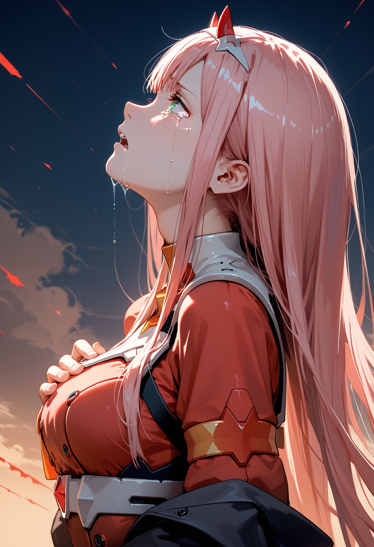 score_9,score_8_up,score_7_up,masterpiece,best quality,8k,low light,darkness,zero_two_\(darling_in_the_franxx\),1girl,solo,large_breasts,from side,head up to the sky,tears,crying,hands on chest,