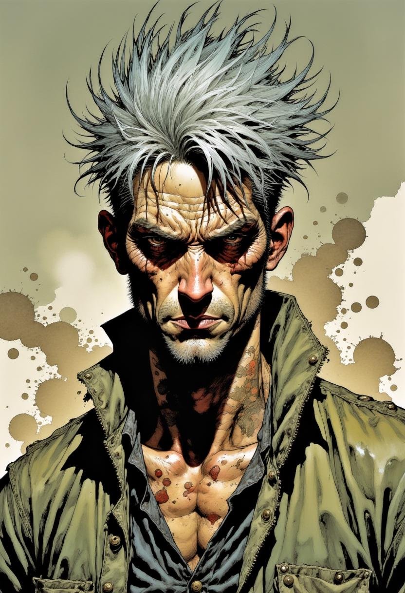 This image is a highly detailed, digital artwork depicting a close-up of a man's face. The subject has wild, spiky, gray hair that appears unkempt and disheveled, with strands sticking out in all directions. His skin is weathered and rugged, with a rough texture that suggests exposure to harsh elements. His face is lined with deep wrinkles, and his expression is intense and focused, with narrowed eyes and a furrowed brow. The man's skin is a mix of dark and light tones, with areas of sunburn and dirt, adding to the rugged appearance. He is wearing a tattered, olive-green military-style jacket with buttons and a visible pocket. The jacket is open, revealing a worn, dark shirt underneath. The background is a blend of muted, earthy tones, with splashes of brown and beige, giving a sense of a dusty, desert environment. The artwork uses a combination of light and shadow to create depth and texture, emphasizing the ruggedness and weathered appearance of the subject. The overall style is realistic with a focus on detailed textures and the use of light and shadow to enhance the character's rough and intense demeanor. Mangaka style <lora:Mangaka_3012:1.0>