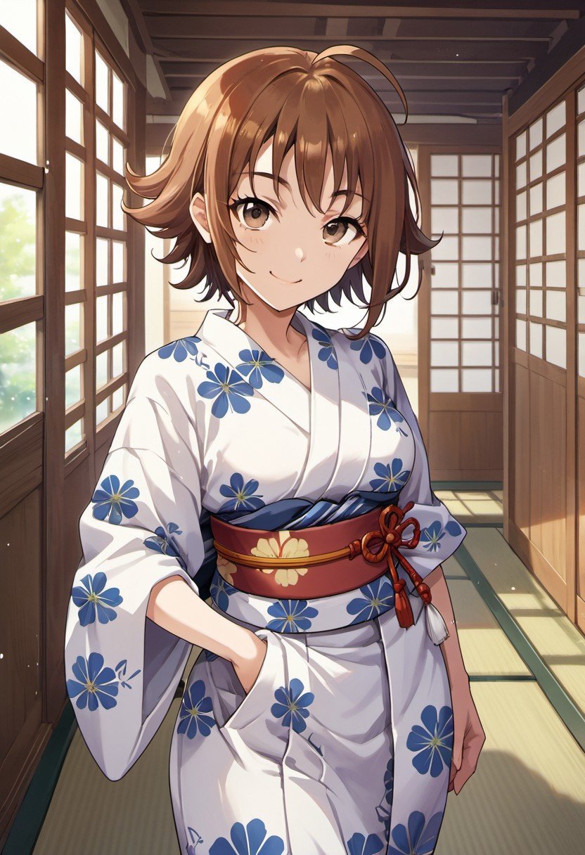 score_9, score_8_up, score_7_up, source_anime, nishijima kai, short hair, brown hair, smile, ahoge, brown eyes, 1girl, japanese clothes, solo, looking at viewer, yukata, sash, obi