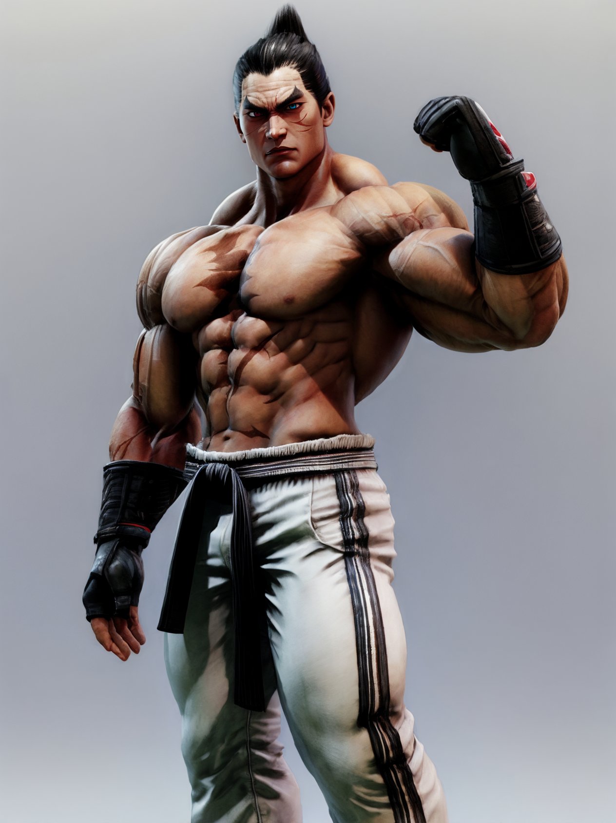 anatomically correct, solo, kazuyamishimasd, heterochromia, thick eyebrows, muscular, bodybuilder, white pants, fingerless gloves, looking at viewer,<lora:Add More Details:0.8> <lora:KazuyaMishima-sd-07:1>