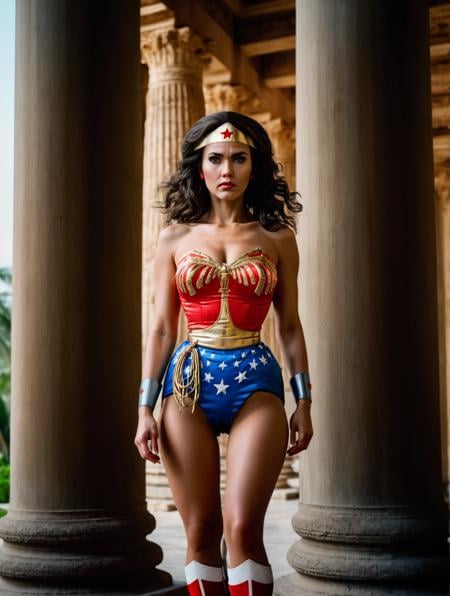 high fashion photo by Terry Richarson,Wonder Woman,Mid Shot Photo, dynamic pose,in ancient temple, pillars, palm trees<lora:add-detail-xl:1><lora:detailed_notrigger:0.5><lora:fix_hands:1><lora:Wonder Woman_SDXLBase:1> 