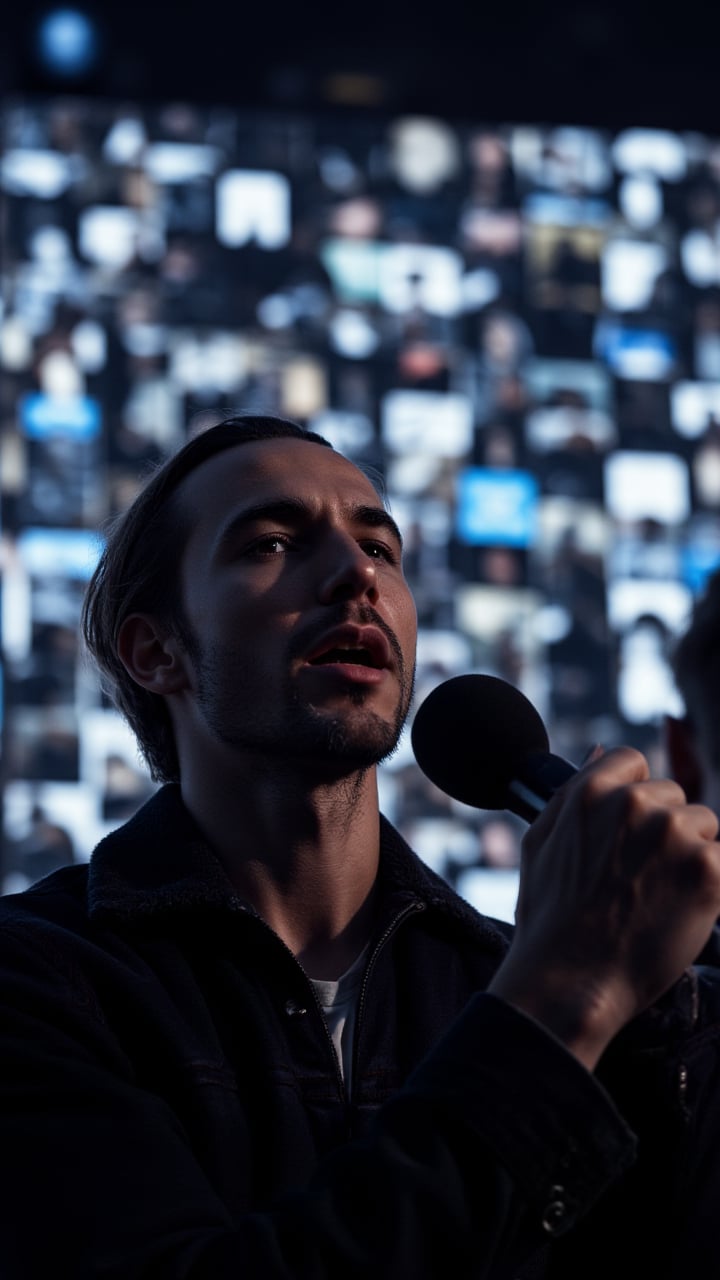 photograph, a man with a chiseled jawline and piercing blue eyes stands in front of a large screen, holding a full body photo, capturing the essence of a crowd. The image is filled with intricate textrealistic people, their faces lit up by the soft glow of screens. The man's expression is one of intense concentration as he sings with passion, his voice echoing through the room. Fujicolor Superia X-TRA 400, Depth of field 100mm, aidmaRealisticPeoplePhotograph