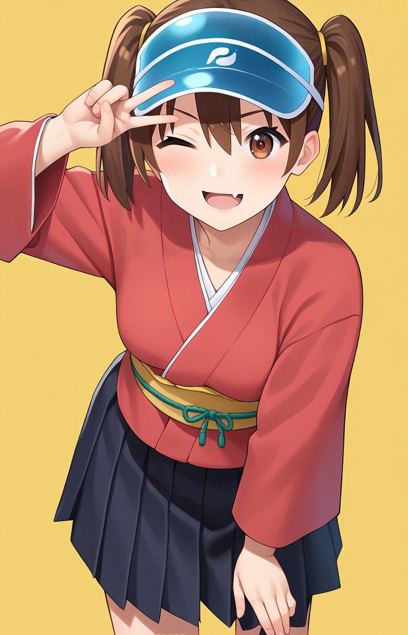 <lora:v_over_head_XL_v1_wasabiya:1>score_7_up, anime, v over eye, 1girl, solo, brown eyes, brown hair, hair between eyes, twintails, one eye closed, skin fang, blush, smile, no hat, japanese clothes, pleated skirt, visor cap, black skirt, magatama, contrapposto, leaning forward, simple background, kariginu